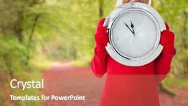  Presentation with peaceful - Slides enhanced with happy festive blonde with clock against peaceful autumn scene in forest background and a coral colored foreground