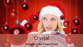  Presentation with festive - Theme with happy festive blonde with clock against red snowflake background background and a coral colored foreground