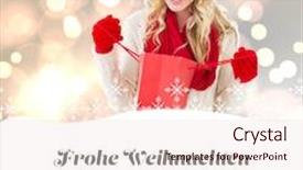  Presentation with festive - Presentation having happy festive blonde with shopping bag against christmas greeting in german background and a lemonade colored foreground