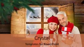  Presentation with festive - Colorful PPT layouts enhanced with happy festive couple with gifts backdrop and a coral colored foreground