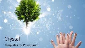  Presentation with magical - Cool new presentation theme with happy finger smileys faces on hand with green magical glowing tree backdrop and a light blue colored foreground