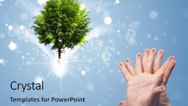  Presentation with magical - PPT theme with happy finger smileys faces on hand with green magical glowing tree background and a light blue colored foreground