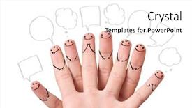  Presentation with finger - PPT theme enhanced with happy finger smileys with speech background and a white colored foreground