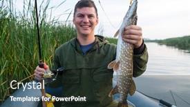  Presentation with lake fish - PPT theme having happy-fisherman-holds-pike-fish background and a wine colored foreground