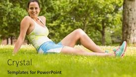  Presentation with relaxing - Colorful presentation theme enhanced with happy fit brunette sitting and relaxing on the grass in the park backdrop and a gold colored foreground