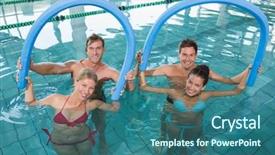  Presentation with aerobics - Cool new presentation theme with happy fitness class doing aqua aerobics with foam rollers in swimming pool at the leisure centre backdrop and a ocean colored foreground