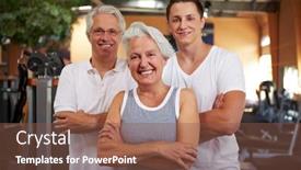  Presentation with group fitness - Beautiful PPT theme featuring happy fitness group standing with arms crossed in a gym backdrop and a tawny brown colored foreground