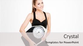  Presentation with fitness - PPT layouts having happy fitness woman holding weighing background and a light gray colored foreground