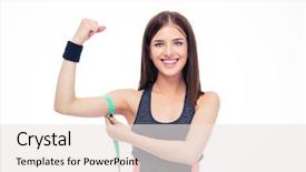  Presentation with measurement - Colorful slide set enhanced with happy fitness woman measuring her biceps with measurement tape isolated on a white background looking at camera backdrop and a sky blue colored foreground