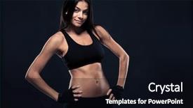  Presentation with woman body - PPT theme with happy fitness woman with perfect body posing over black background and looking at camera background and a black colored foreground