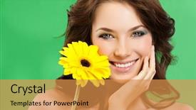  Presentation with green - Cool new PPT theme with happy flowers - attractive smiling woman portrait backdrop and a gold colored foreground