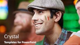  Presentation with broadcast - PPT theme consisting of happy football fan in cap watching television broadcast of championship with his friends in pub background and a tawny brown colored foreground