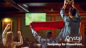  Presentation with football - Audience pleasing slide deck consisting of happy-football-fans-with-red backdrop and a tawny brown colored foreground