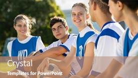  Presentation with football girls - Amazing PPT layouts having happy-football-players-sitting backdrop and a coral colored foreground
