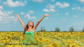  Presentation with free nature - Audience pleasing PPT theme consisting of happy-free-asian-woman-dancing backdrop and a gold colored foreground