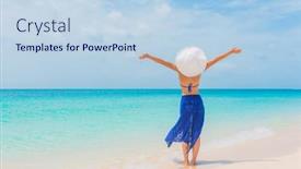  Presentation with summer sun - Amazing presentation theme having happy-free-summer-vacation-beach backdrop and a light blue colored foreground