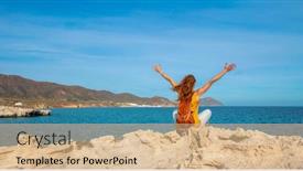  Presentation with freedom - Presentation theme having happy-freedom-woman-sitting background and a coral colored foreground