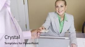  Presentation with receptionist - Presentation theme featuring happy friendly caucasian receptionist handing a visiting card to man background and a lemonade colored foreground