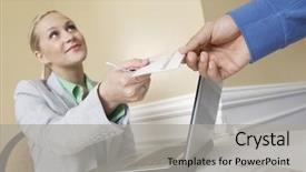  Presentation with receptionist - Beautiful presentation design featuring happy friendly caucasian receptionist handing a visiting card to man backdrop and a light gray colored foreground
