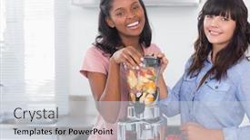  Presentation with healthy juice - Beautiful PPT theme featuring happy friends about to make healthy juice smiling at camera in kitchen backdrop and a light gray colored foreground