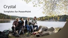  Presentation with camping - Slide set consisting of happy friends camping on lakeshore background and a sky blue colored foreground