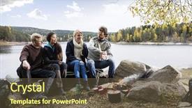  Presentation with camping - Beautiful presentation design featuring happy friends camping on lakeshore backdrop and a tawny brown colored foreground