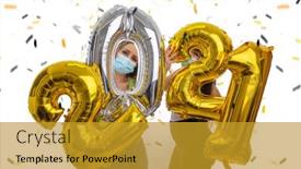  Presentation with face masks - Cool new PPT theme with happy-friends-celebrate-the-new backdrop and a gold colored foreground