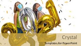  Presentation with face masks - Audience pleasing theme consisting of happy-friends-celebrate-the-new backdrop and a yellow colored foreground