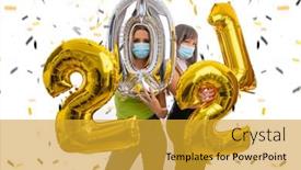  Presentation with face masks - Amazing PPT layouts having happy-friends-celebrate-the-new backdrop and a gold colored foreground