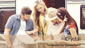  Presentation with happy holiday - Presentation having happy friends checking the map background and a coral colored foreground