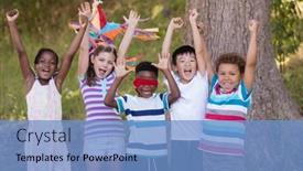  Presentation with blindfolded - Presentation theme consisting of happy-friends-cheering-with-blindfolded background and a light blue colored foreground