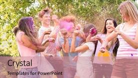  Presentation with paint powder - PPT layouts with happy friends covered in powder paint on a sunny day background and a coral colored foreground