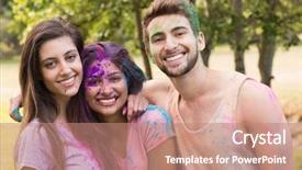  Presentation with paint powder - Slide deck with happy friends covered in powder paint on a sunny day background and a coral colored foreground