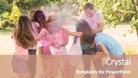  Presentation with paint powder - PPT layouts having happy friends covered in powder paint on a sunny day background and a coral colored foreground