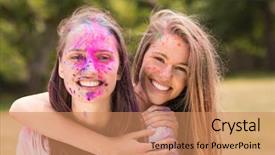  Presentation with paint powder - Slides consisting of happy-friends-covered-in-powder and a coral colored foreground
