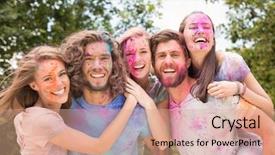  Presentation with paint powder - Audience pleasing slides consisting of happy friends covered in powder paint on a sunny day backdrop and a coral colored foreground