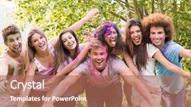  Presentation with paint powder - Presentation design enhanced with happy friends covered in powder paint on a sunny day background and a coral colored foreground