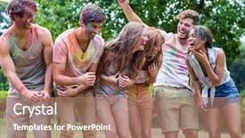  Presentation with paint powder - Beautiful PPT theme featuring happy friends covered in powder paint on a sunny day backdrop and a coral colored foreground