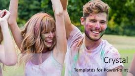  Presentation with paint powder - Presentation theme enhanced with happy friends covered in powder paint on a sunny day background and a light blue colored foreground