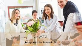  Presentation with decorate - Audience pleasing slide deck consisting of happy-friends-decorate-and-set backdrop and a coral colored foreground