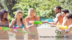  Presentation with water droplet as water - Amazing slide set having happy friends doing water gun backdrop and a coral colored foreground