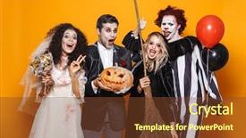  Presentation with group of happy couples - Presentation theme consisting of happy friends dressed in scary background and a tawny brown colored foreground