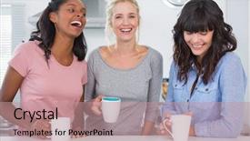  Presentation with sustainable coffee competition - Beautiful PPT layouts featuring african young woman laughing - happy friends having coffee together backdrop and a coral colored foreground