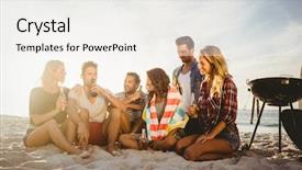  Presentation with barbecue - Cool new PPT theme with happy friends having fun near barbecue on the beach backdrop and a sky blue colored foreground