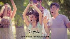  Presentation with paint powder - PPT theme featuring happy friends having fun with powder paint on a sunny day background and a mint green colored foreground