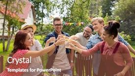  Presentation with summer party - PPT theme having happy friends having garden party background and a red colored foreground