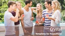  Presentation with melon - Amazing presentation theme having happy friends having juice and water melon while preparing barbecue near pool backdrop and a violet colored foreground