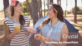  Presentation with camping - Theme consisting of happy-friends-holding-food background and a coral colored foreground