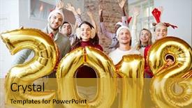  Presentation with happy birthday gold - Colorful slide deck enhanced with happy friends holding golden balloons backdrop and a gold colored foreground