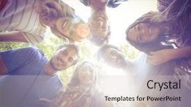  Presentation with circle callouts - Presentation theme having happy friends huddling in circle background and a soft green colored foreground